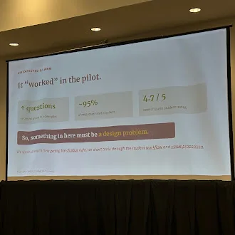 Slide: it 'worked' in the pilot (~95%, 4.7/5) — so something here must be a design problem.