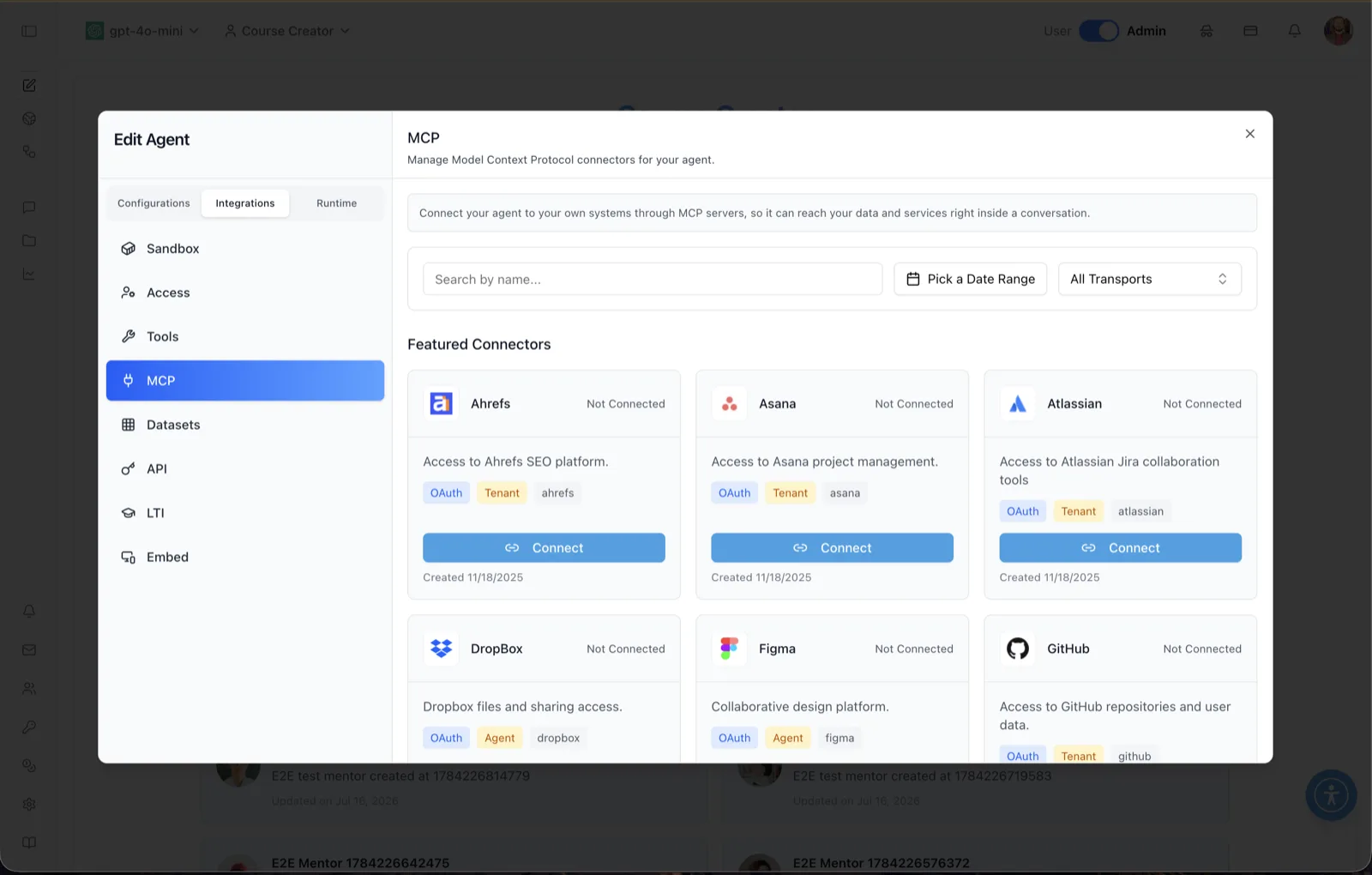 MCP connectors in ibl.ai — the list of Model Context Protocol servers an agent can call.