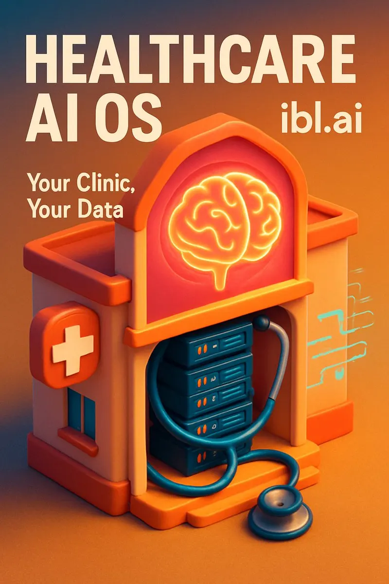 Illustration of a clinic building with server racks and a stethoscope inside, captioned Healthcare AI OS — Your Clinic, Your Data