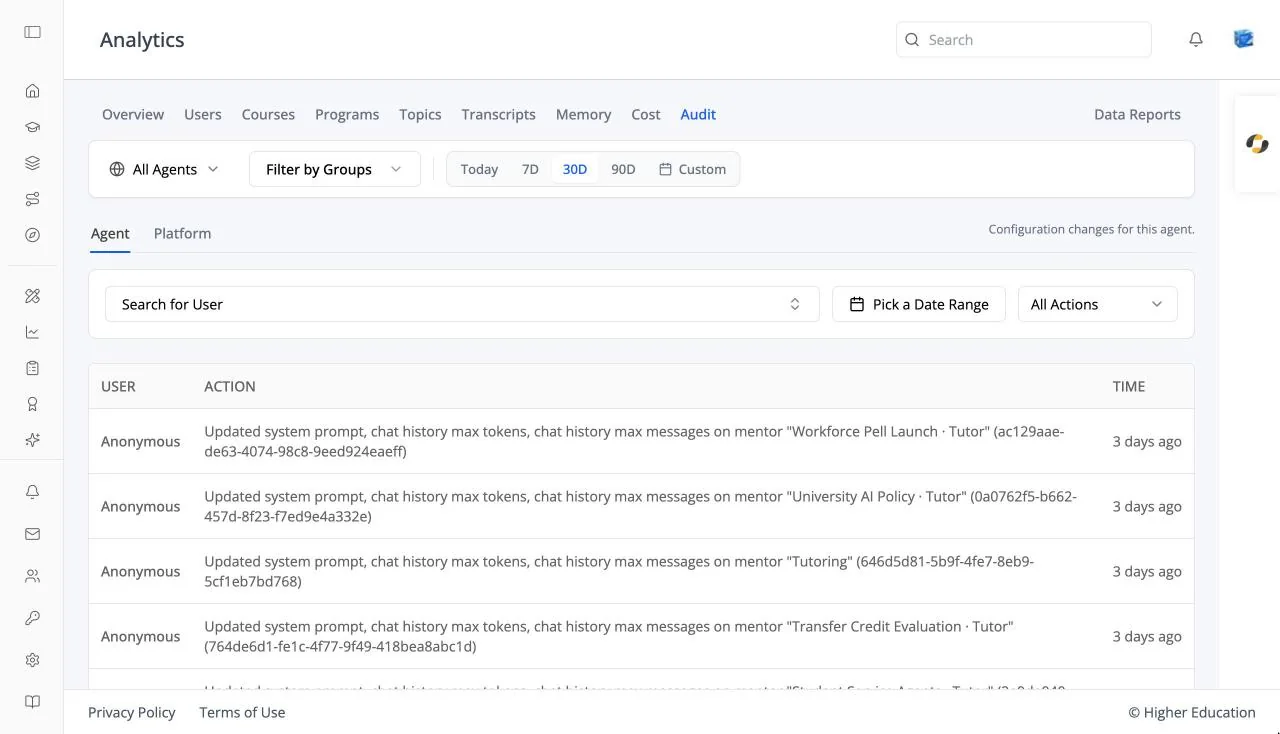 The Audit analytics tab on its Agent view, with user, date range, and action filters and a table of configuration changes to agents