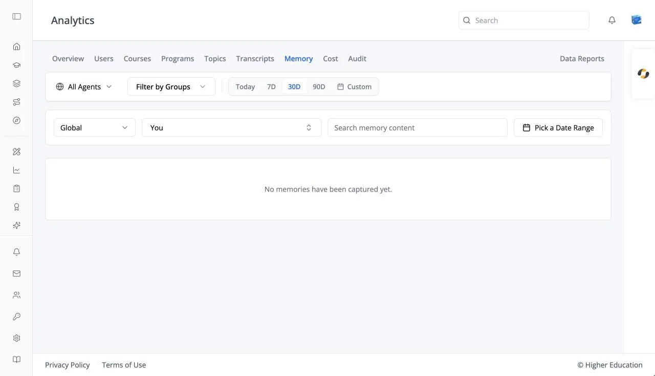The Memory analytics tab with the Global scope, a user filter set to You, a memory search box, a date range picker, and the empty state "No memories have been captured yet."