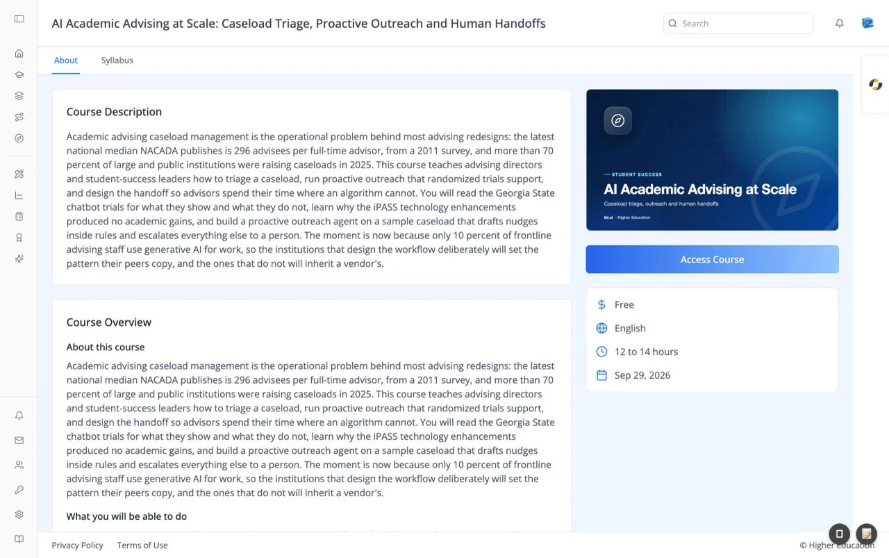 A course page for "AI Academic Advising at Scale" with About and Syllabus tabs, a Course Description card, the course image, an Access Course button, and an information card showing Free, English, 12 to 14 hours, and Sep 29, 2026