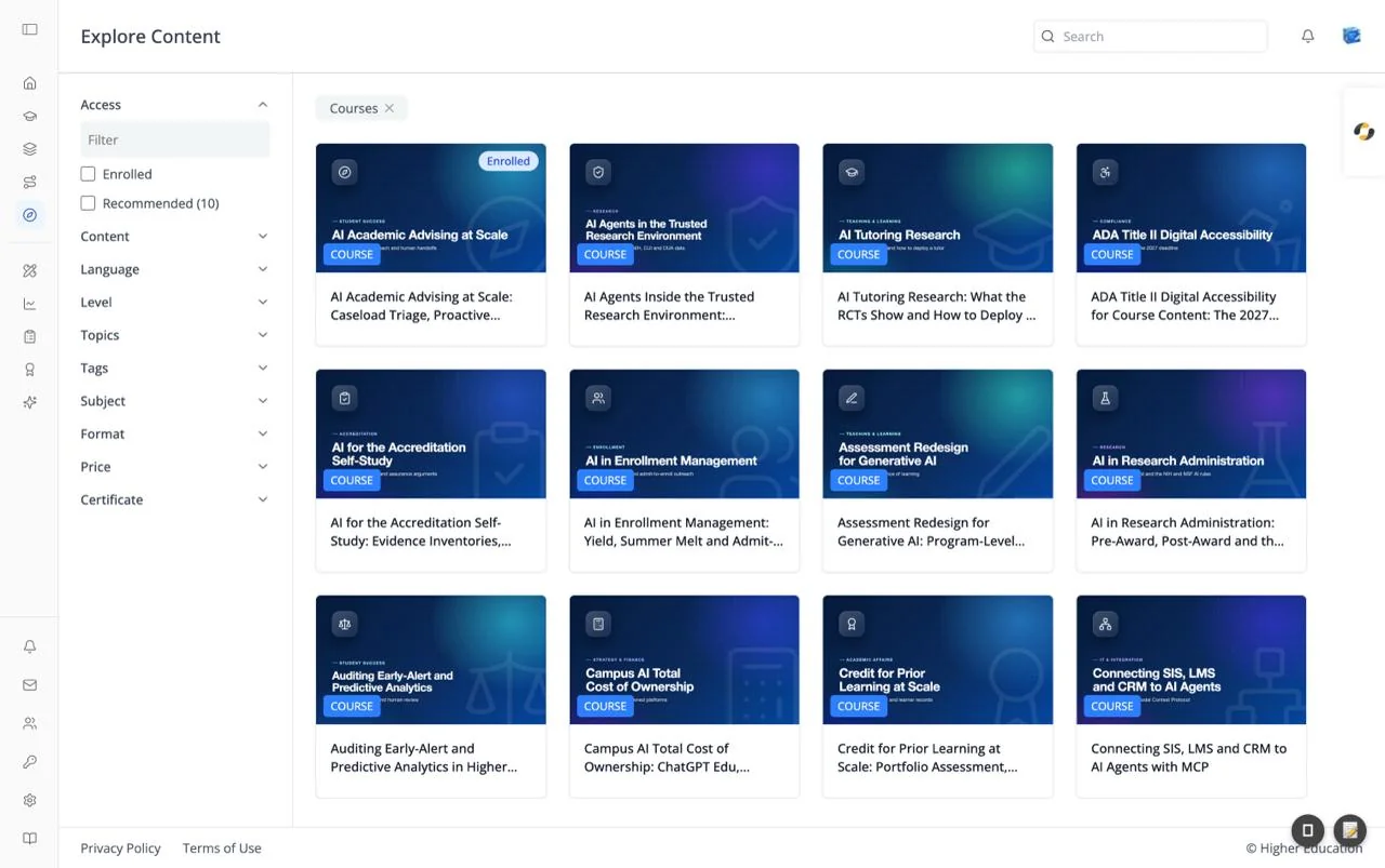 The Explore Content page with the Access, Content, Language, Level, Topics, Tags, Subject, Format, Price, and Certificate filters on the left, a Courses chip, and a grid of course cards