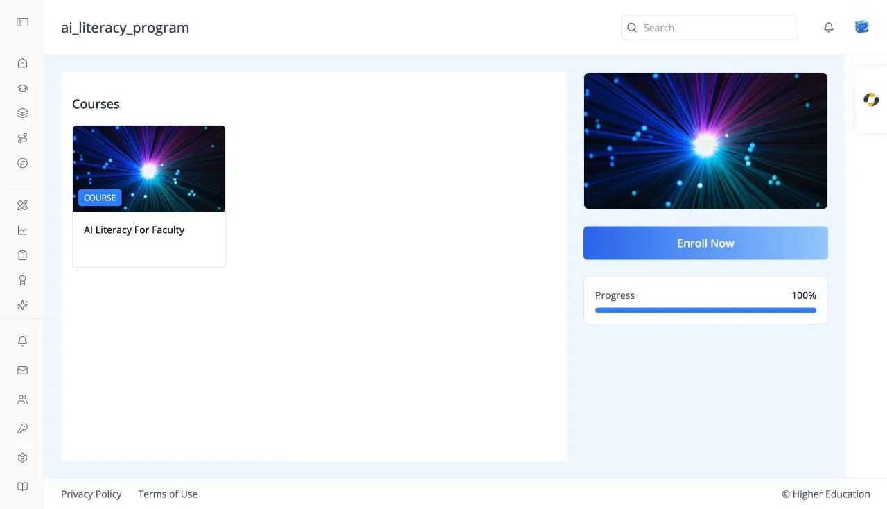 A program page for ai_literacy_program showing its Courses grid with the AI Literacy For Faculty course, the program image, an Enroll Now button, and a Progress bar