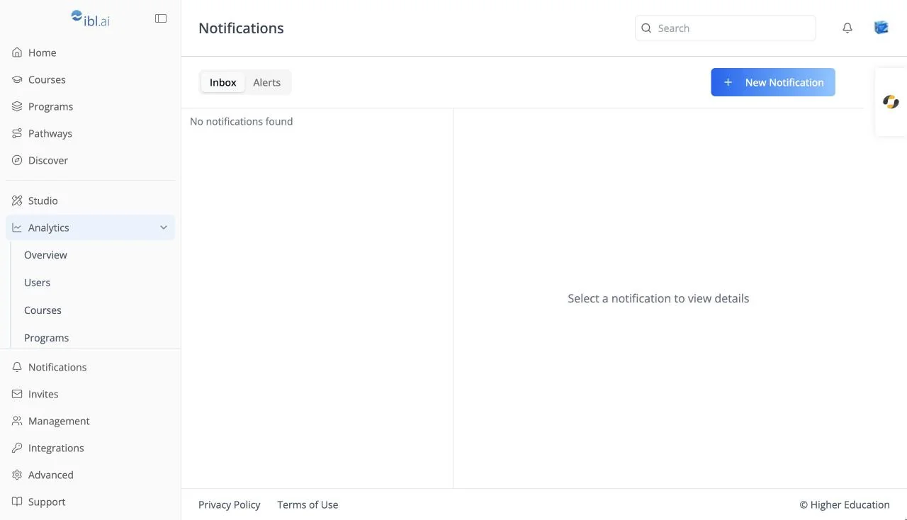 The expanded LMS sidebar with Home, Courses, Programs, Pathways, Discover, Studio, the Analytics menu open, and the Notifications, Invites, Management, Integrations, Advanced, and Support footer items