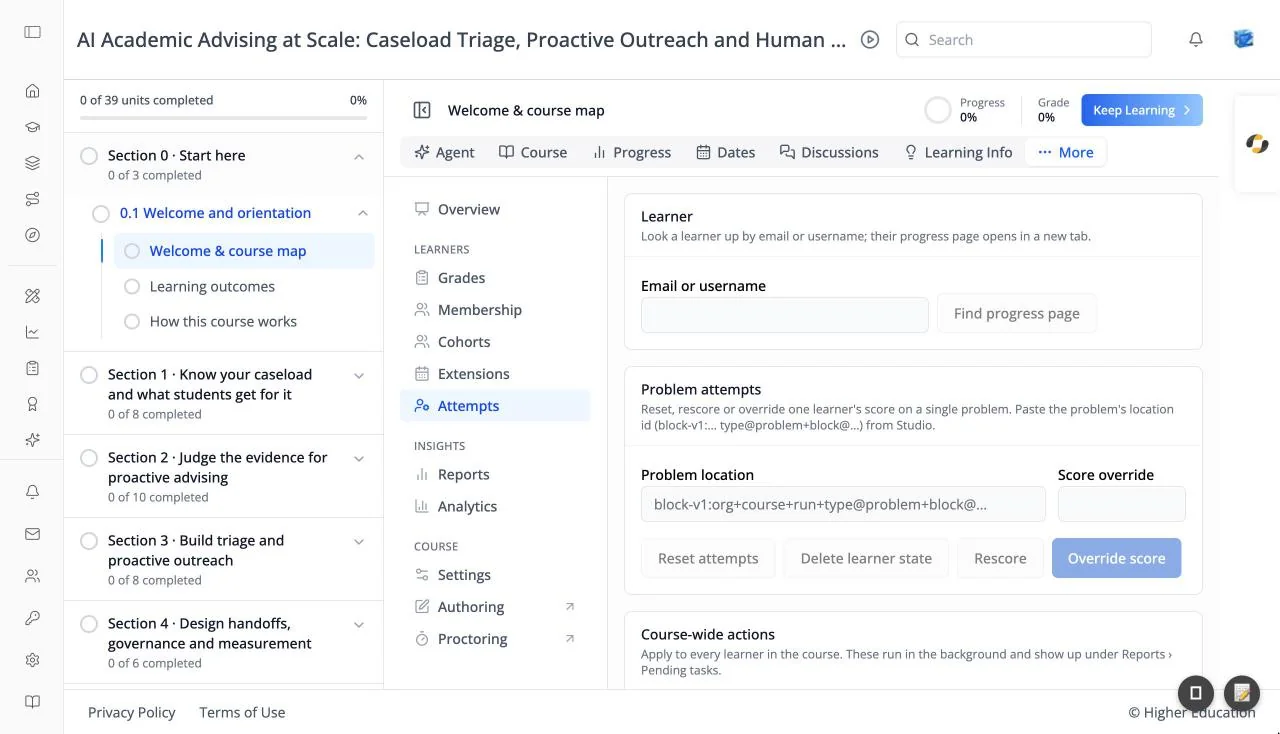 The Attempts section with the Learner lookup, the Problem attempts card (problem location, score override, Reset attempts, Delete learner state, Rescore, Override score), and the Course-wide actions card