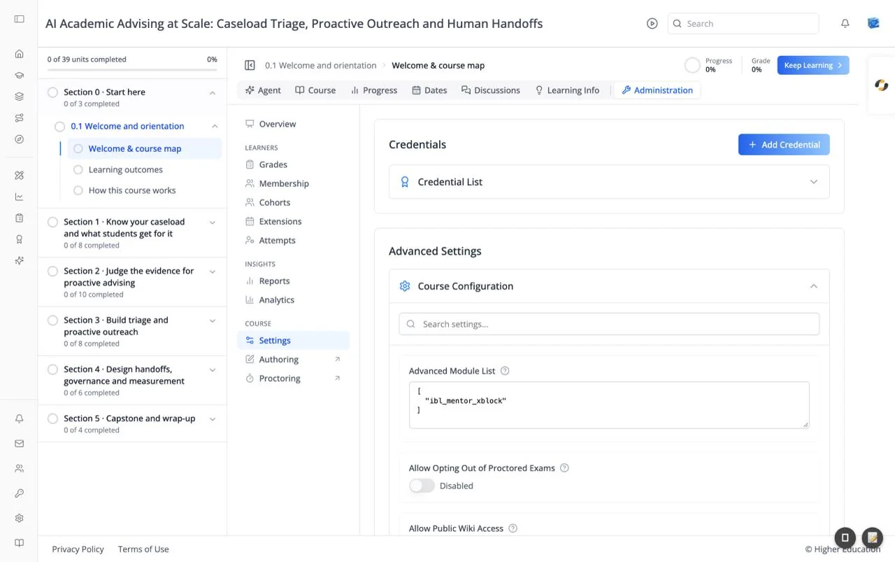 The Settings section with a Credentials card (Add Credential, Credential List) and an Advanced Settings card with Course Configuration open, a settings search, and Advanced Module List, Allow Opting Out of Proctored Exams, and Allow Public Wiki Access settings