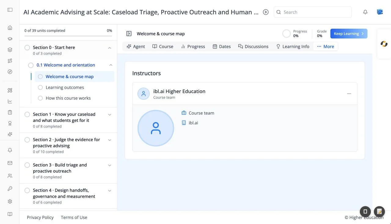 The Instructors tab of a course with one instructor, ibl.ai Higher Education, expanded to show a photo placeholder, title, and organization