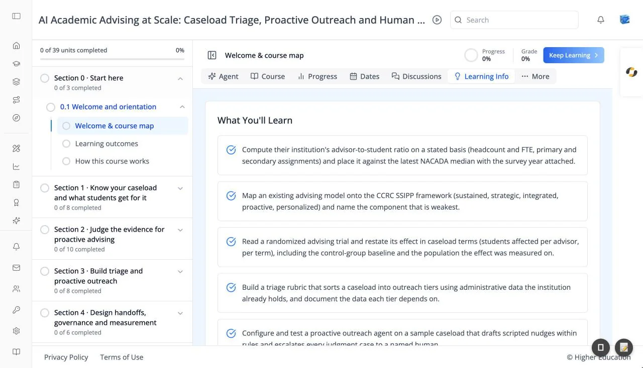 The Learning Info tab of a course with a What You'll Learn card listing learning outcomes, each with a check icon