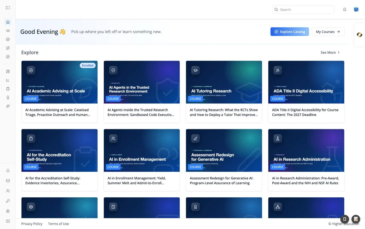 The LMS home page showing the left icon rail, the top bar with the search box, notification bell and avatar, and the agent tab on the right edge