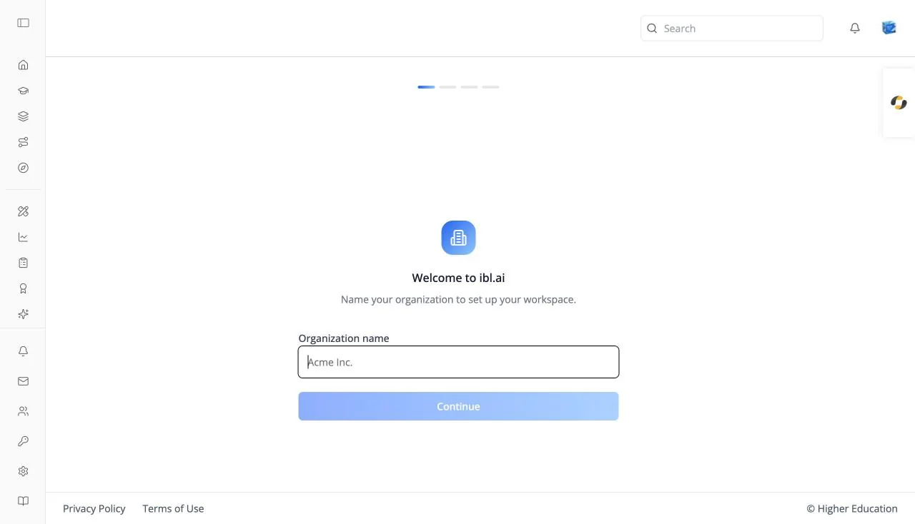 The administrator onboarding flow's first step, "Welcome to ibl.ai", asking for an Organization name with a Continue button and a four-step progress indicator