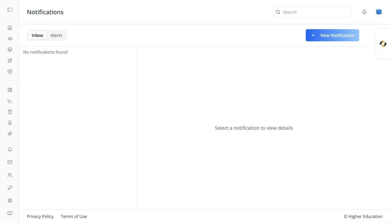 The notification inbox with Inbox and Alerts tabs, a New Notification button, an empty list reading "No notifications found", and the detail pane reading "Select a notification to view details"