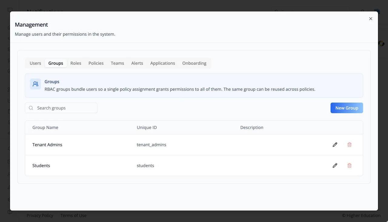 The Management panel opened from the sidebar footer, on the Groups tab, with Users, Groups, Roles, Policies, Teams, Alerts, Applications, and Onboarding tabs and a table of groups