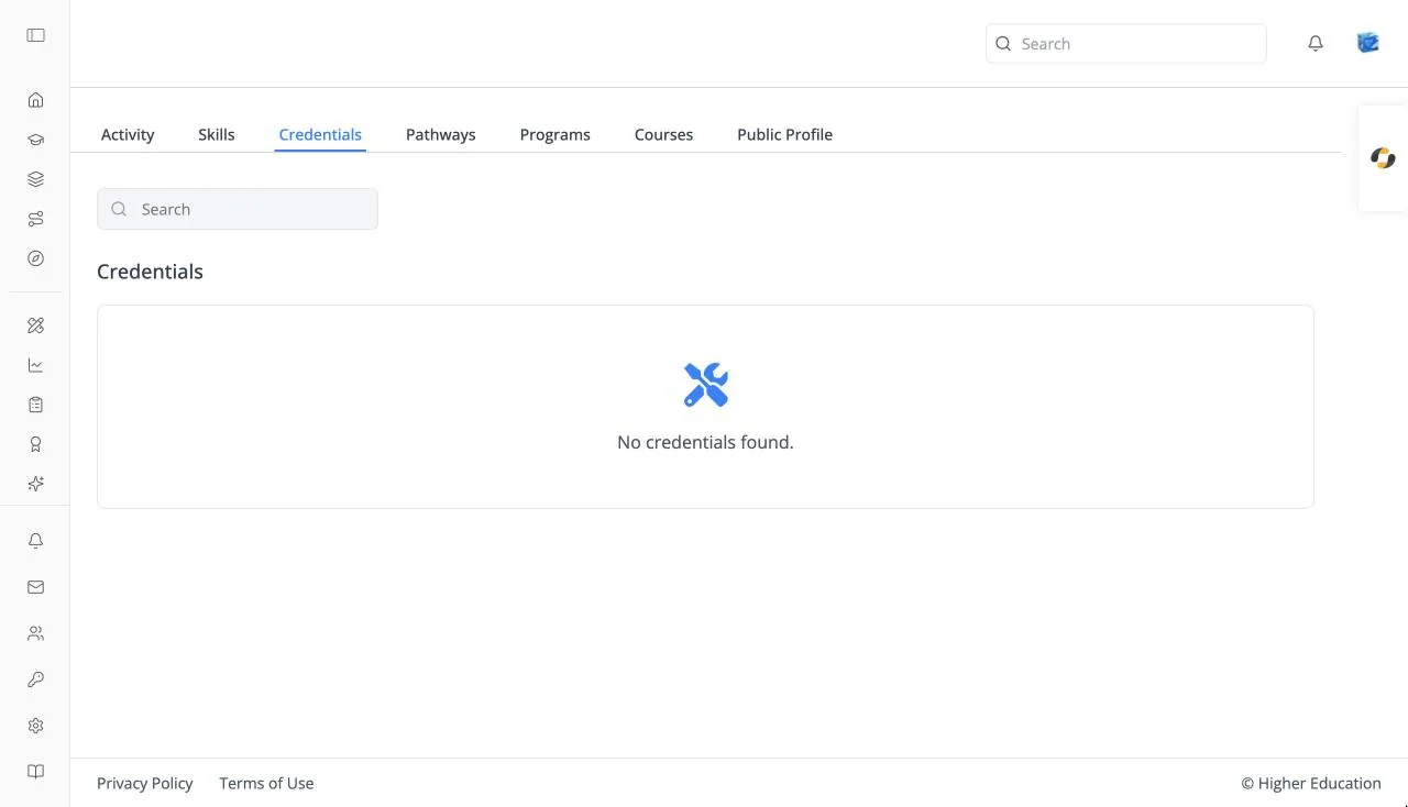 The Credentials page with a Search box, a Credentials heading, and the empty state "No credentials found."