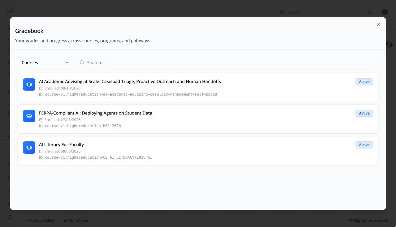 The Gradebook dialog with a Courses selector, a Search box, and three enrolled courses, each with its enrollment date, course ID, and an Active badge