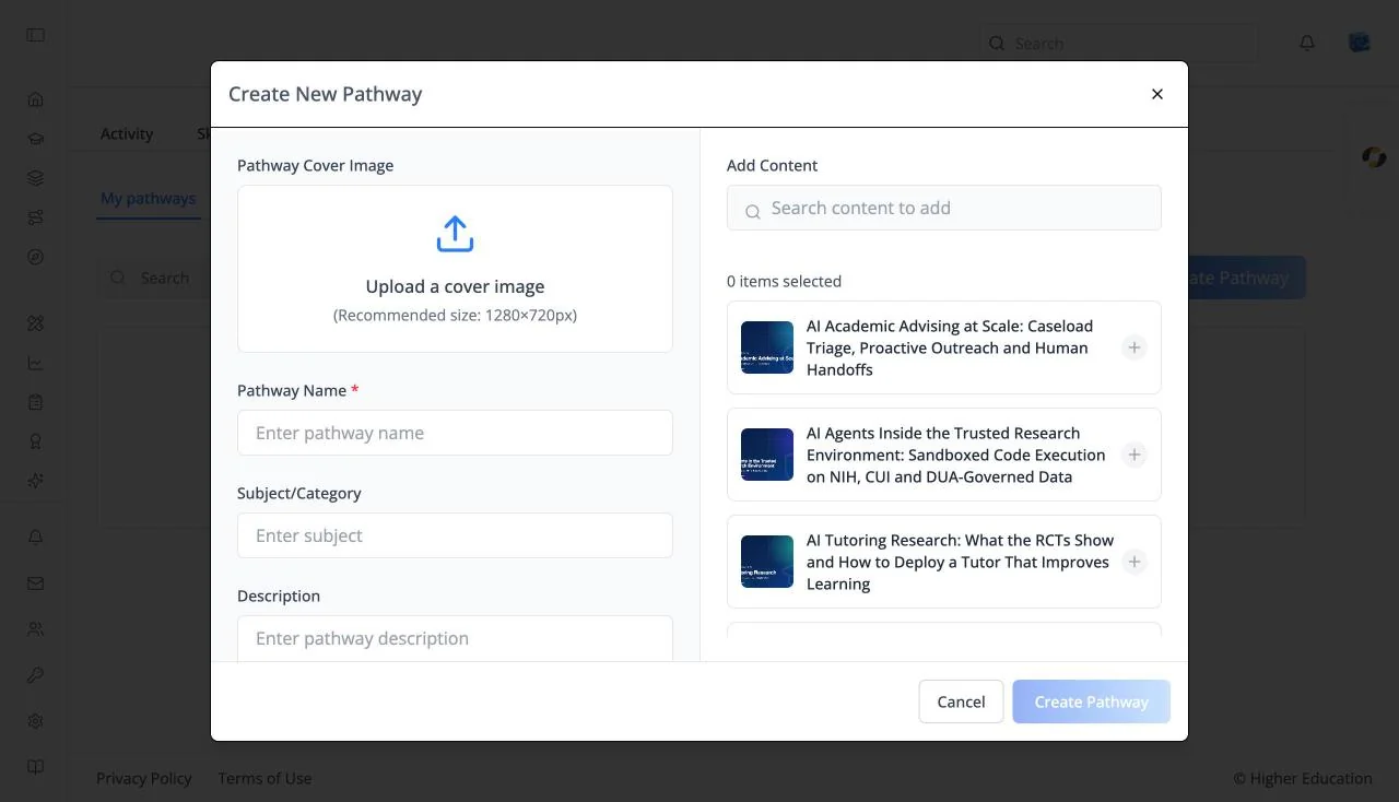 The Create New Pathway dialog with a cover image upload, Pathway Name, Subject/Category, and Description fields, and an Add Content search listing courses to add
