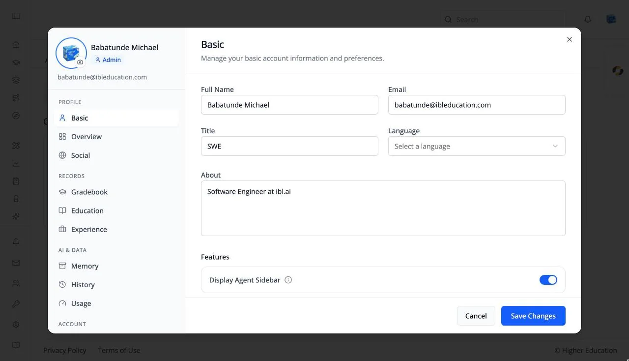 The profile dialog open on the Basic tab, with Full Name, Email, Title, Language, and About fields, the Display Agent Sidebar switch, and the Profile, Records, AI & Data, and Account groups in the left navigation