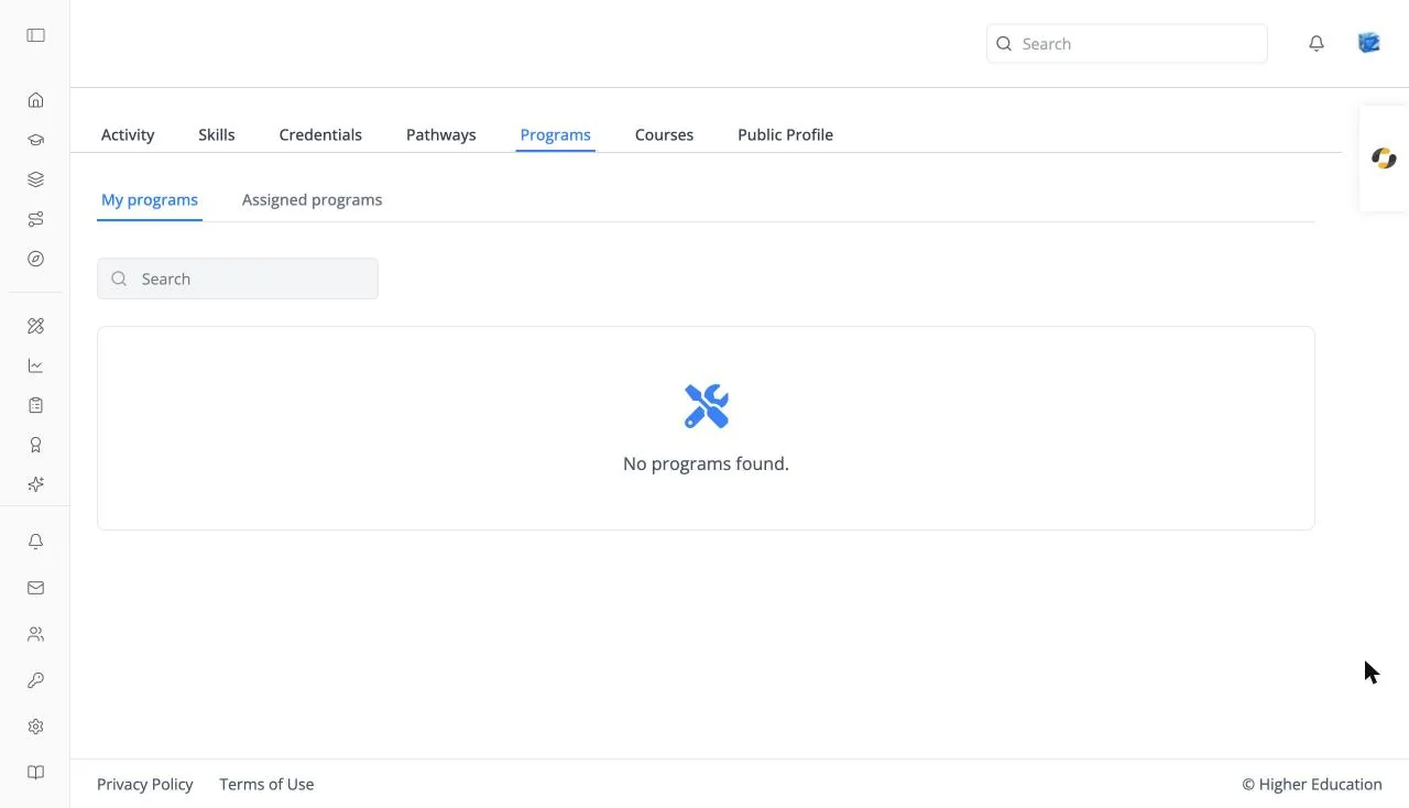 The Programs tab of the learner profile with My programs and Assigned programs tabs, a Search box, and the empty state "No programs found."