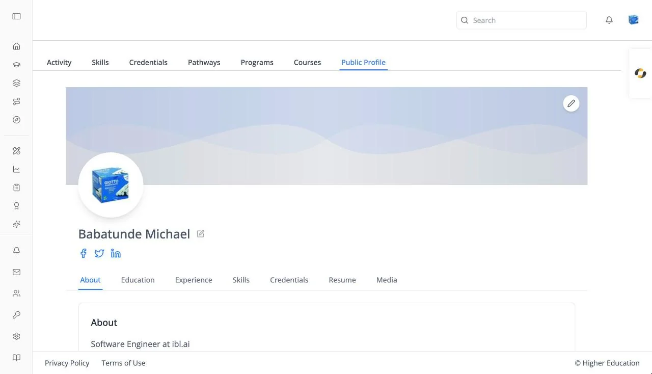 The Public Profile tab showing a banner with an edit button, the profile photo, name with an edit button, social icons, and the About, Education, Experience, Skills, Credentials, Resume, and Media tabs