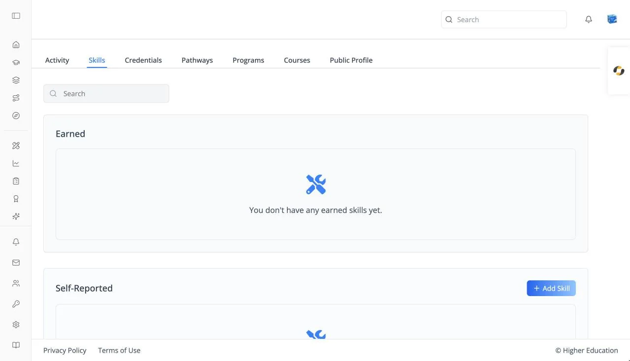 The Skills page with a Search box, an Earned section reading "You don't have any earned skills yet.", and a Self-Reported section with an Add Skill button