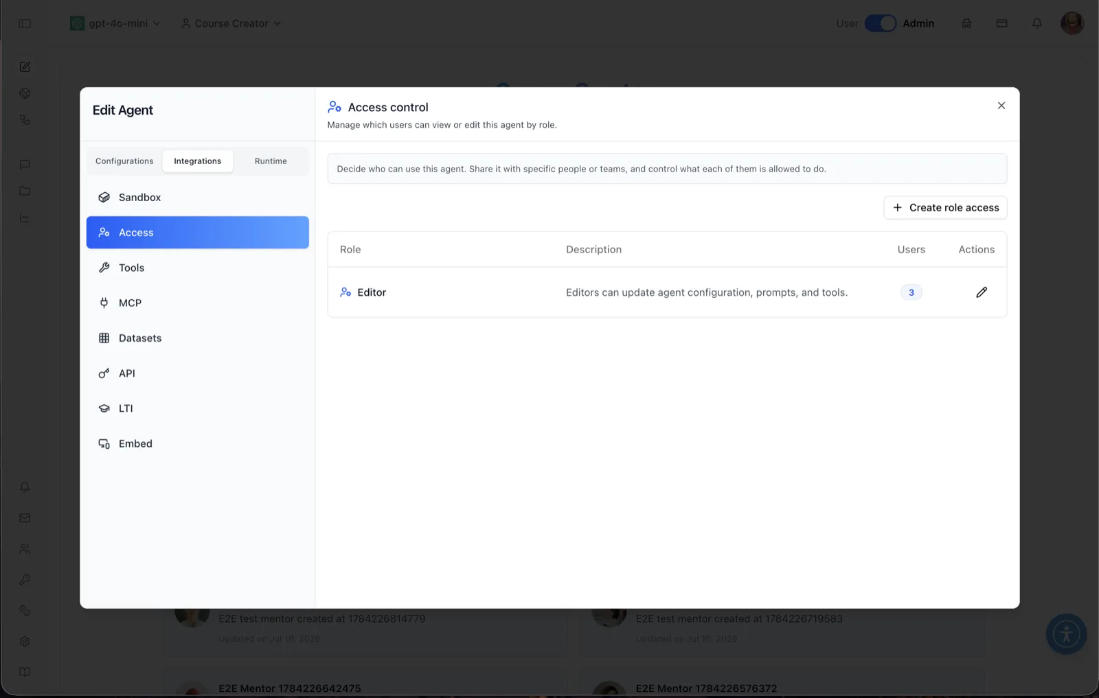 Access control panel on the Integrations tab showing a Create role access button and a role table with an Editor role, its description, a user-count badge of 3, and a pencil edit action