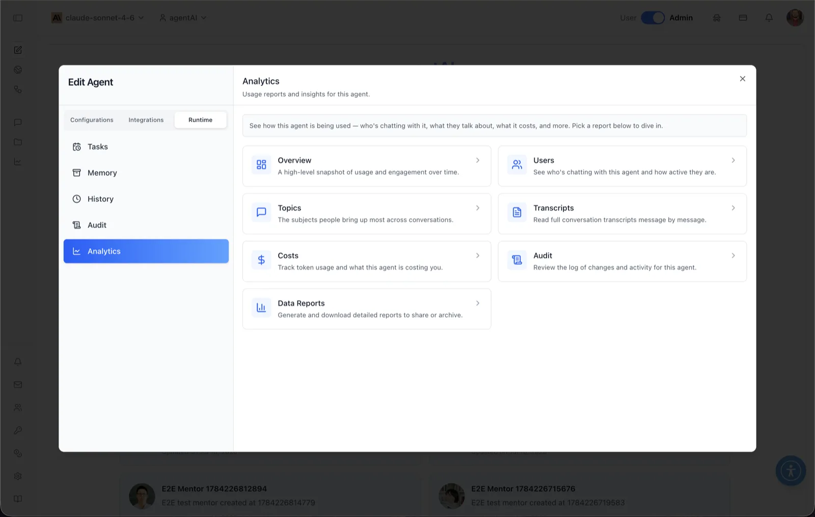 Analytics panel in the Edit Agent modal showing a launcher grid of report cards — Overview, Users, Topics, Transcripts, Costs, Audit, and Data Reports — each with a short description and arrow