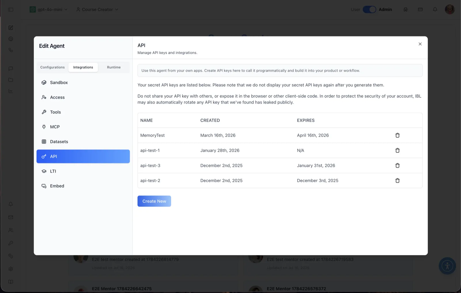 API panel listing secret API keys in a table with NAME, CREATED and EXPIRES columns, delete icons per row, and a Create New button