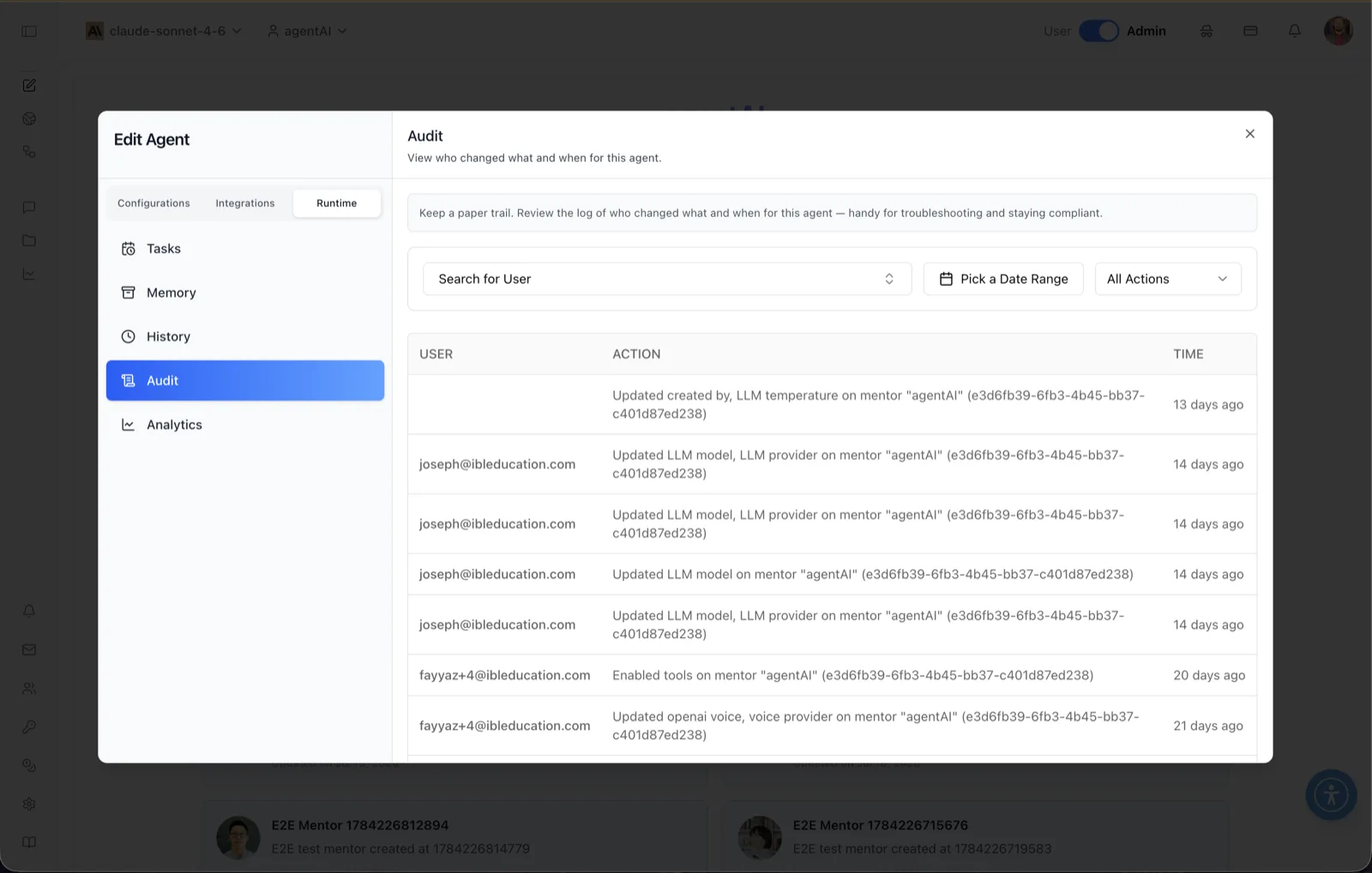 Audit panel in the Edit Agent modal with user search, date range, and action filters above a table of audit entries listing user, action description, and relative time