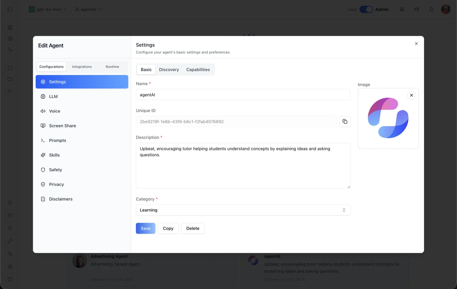 Settings panel on the Basic sub-tab showing Name, Unique ID, Description, and Category fields, an Image uploader, and Save, Copy, and Delete buttons
