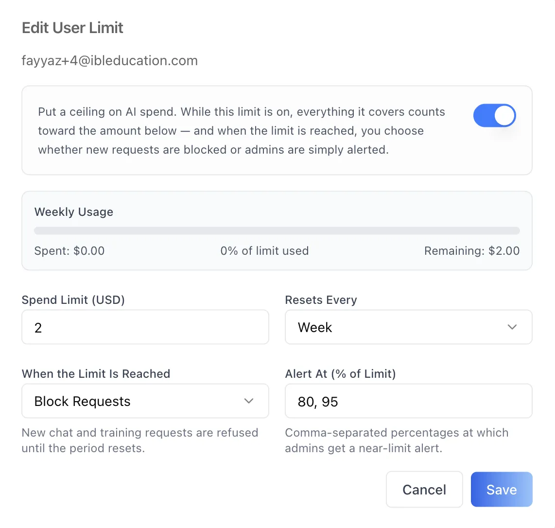 Edit User Limit modal pre-filled with an existing per-user cap