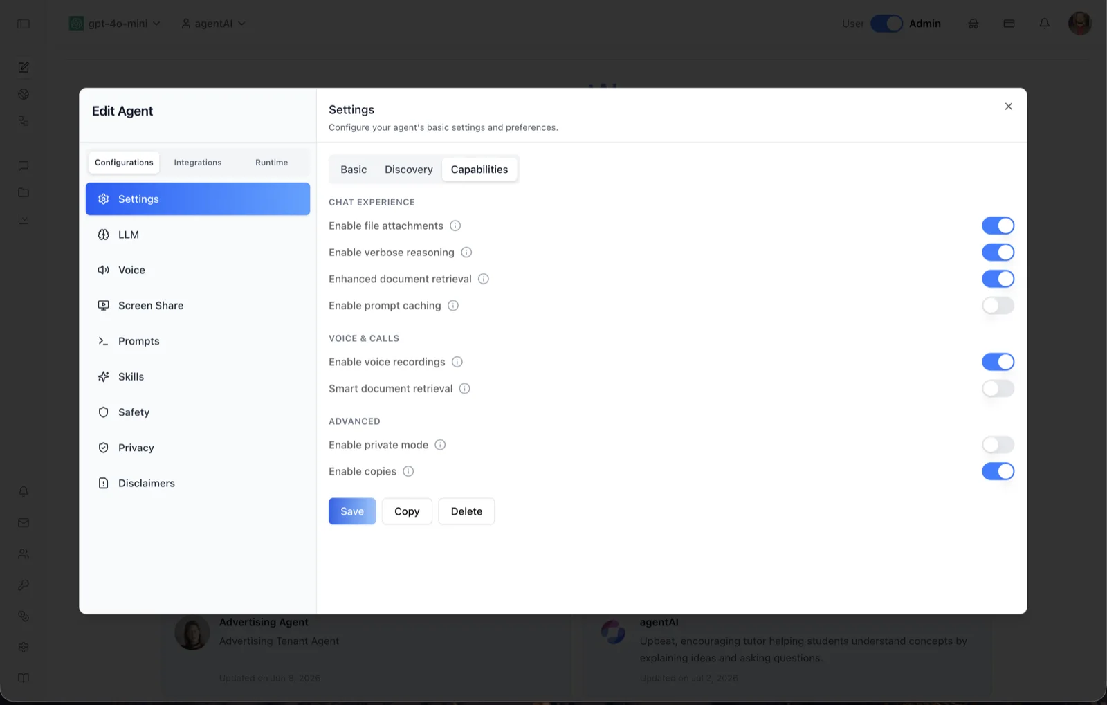 Settings panel on the Capabilities sub-tab with toggle groups for Chat Experience, Voice & Calls, and Advanced, including file attachments, verbose reasoning, document retrieval, prompt caching, voice recordings, private mode, and copies