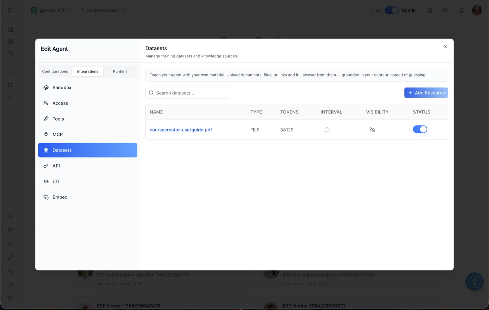 Datasets panel with a search box, Add Resource button, and a table listing coursecreator-userguide.pdf with type FILE, 58129 tokens, interval, visibility, and status columns
