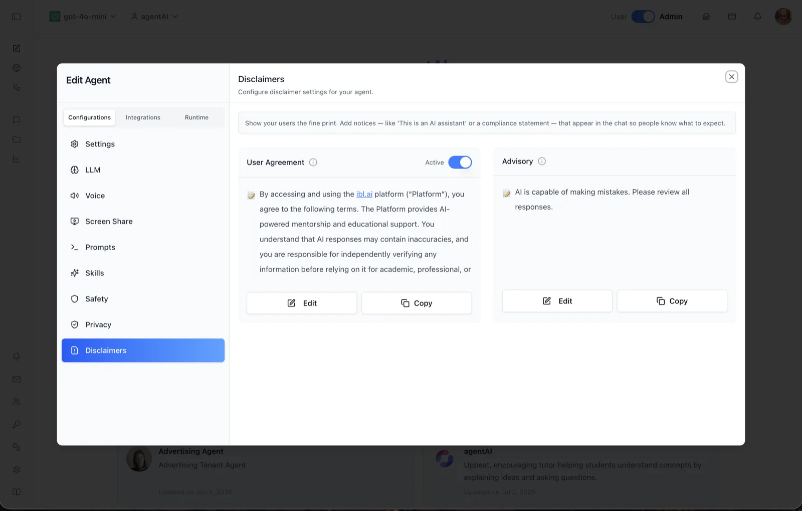 Disclaimers panel showing a User Agreement card toggled Active with default terms text, and an Advisory card reading