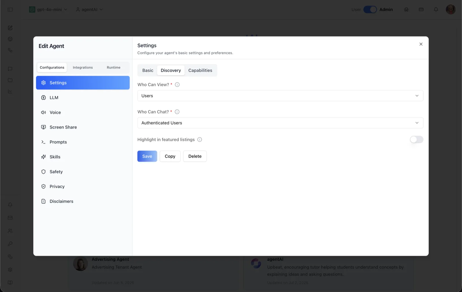 Settings panel on the Discovery sub-tab with Who Can View and Who Can Chat dropdowns, a Highlight in featured listings toggle, and Save, Copy, and Delete buttons