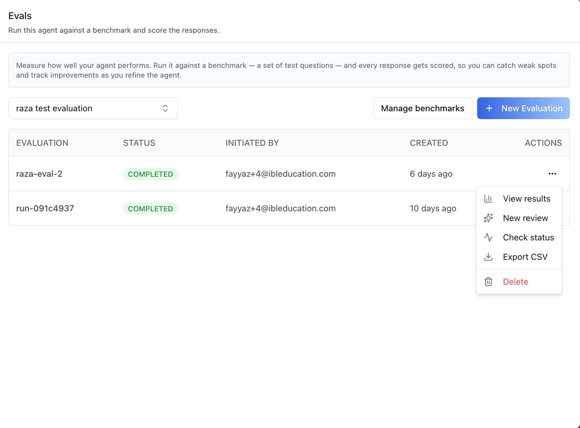Actions menu open on an evaluation run, listing View results, New review, Check status, Export CSV, and Delete