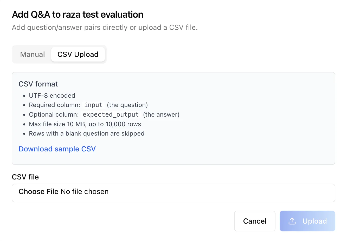 Add Q&A dialog on the CSV tab, showing the file upload area and the required column format