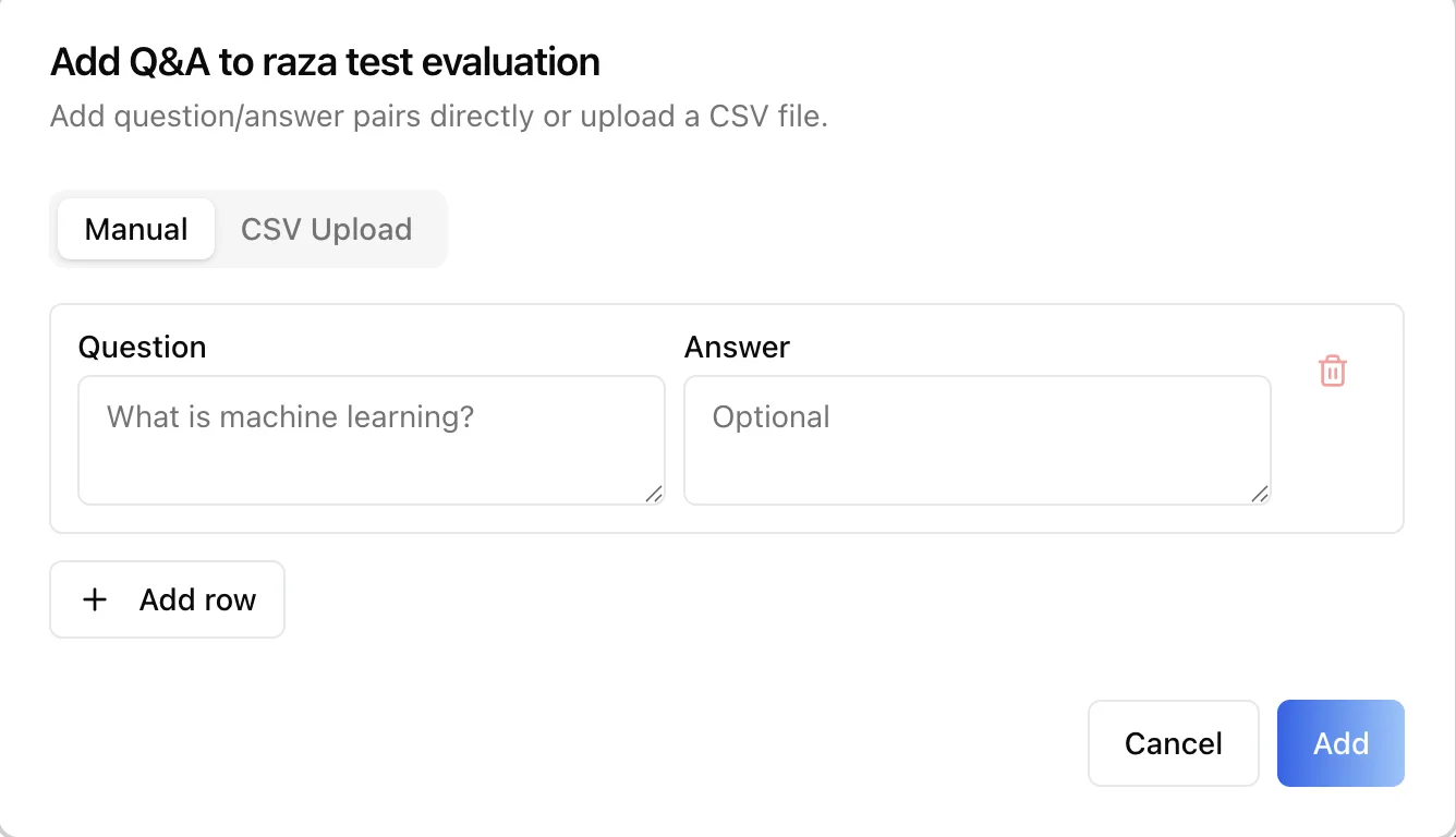 Add Q&A dialog on the manual tab, with fields for the question and its expected output