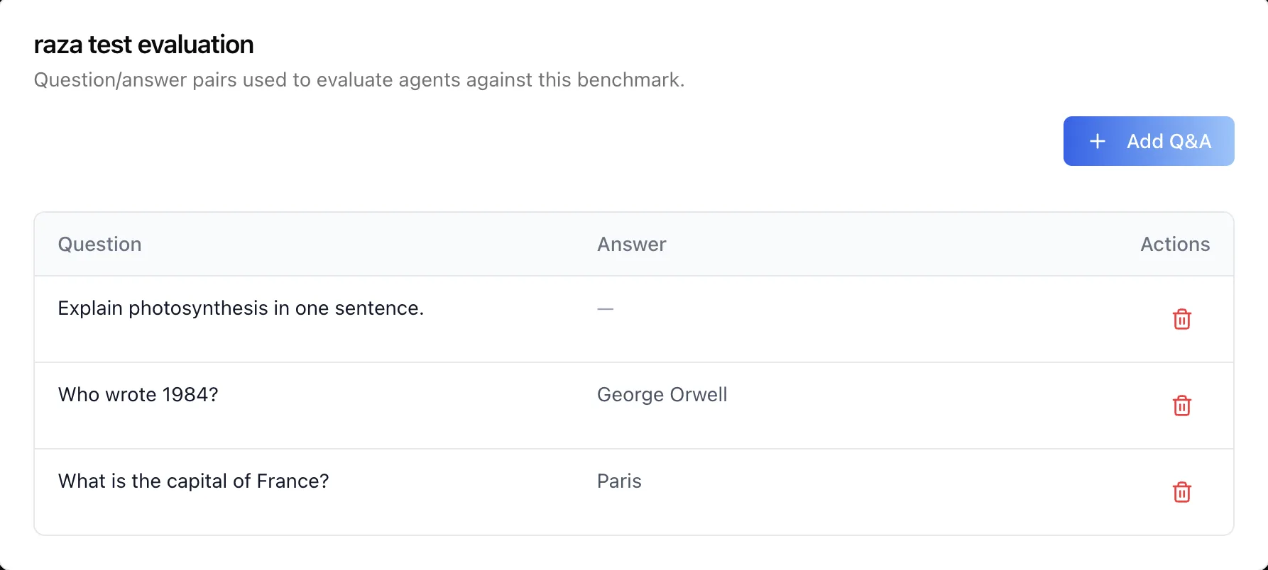 Benchmark items view listing the question and answer pairs in a benchmark, with an Add Q&A button