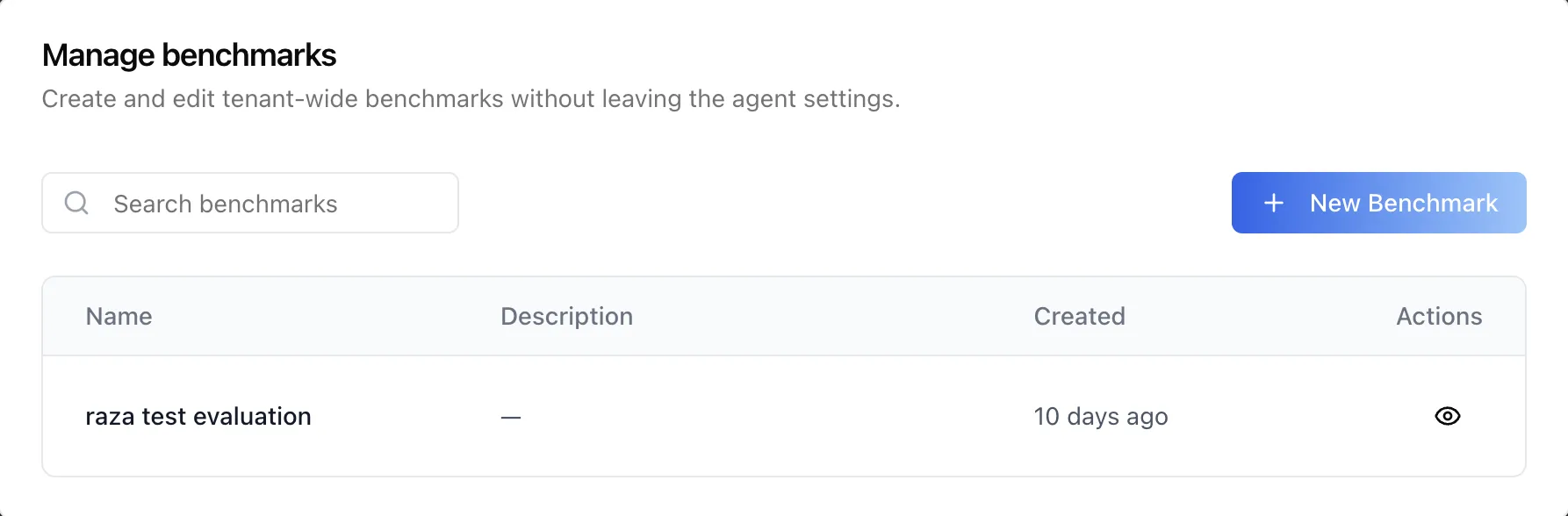 Manage benchmarks dialog listing the organization's benchmarks with a search box and a New Benchmark button