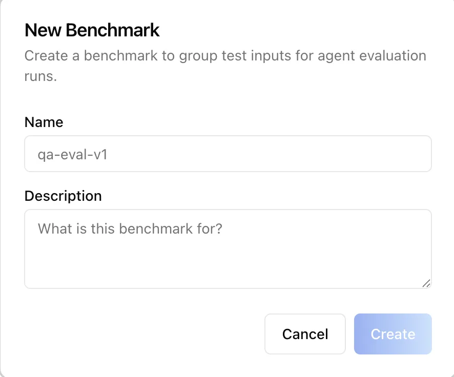 New Benchmark dialog with name and description fields
