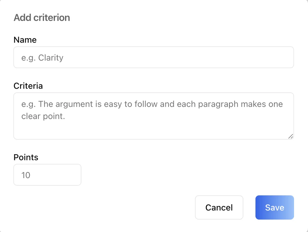 Add criterion modal with Name, Criteria, and Points fields