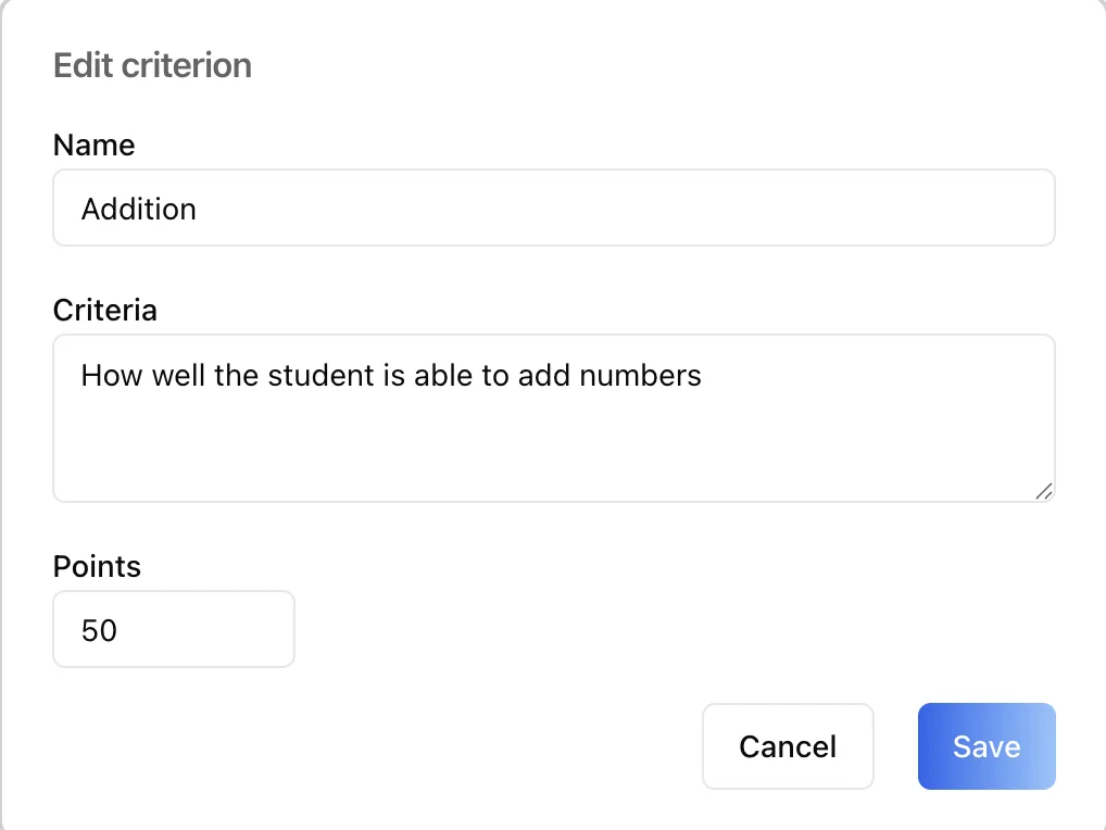 Edit criterion modal pre-filled with an existing criterion's name, description, and points