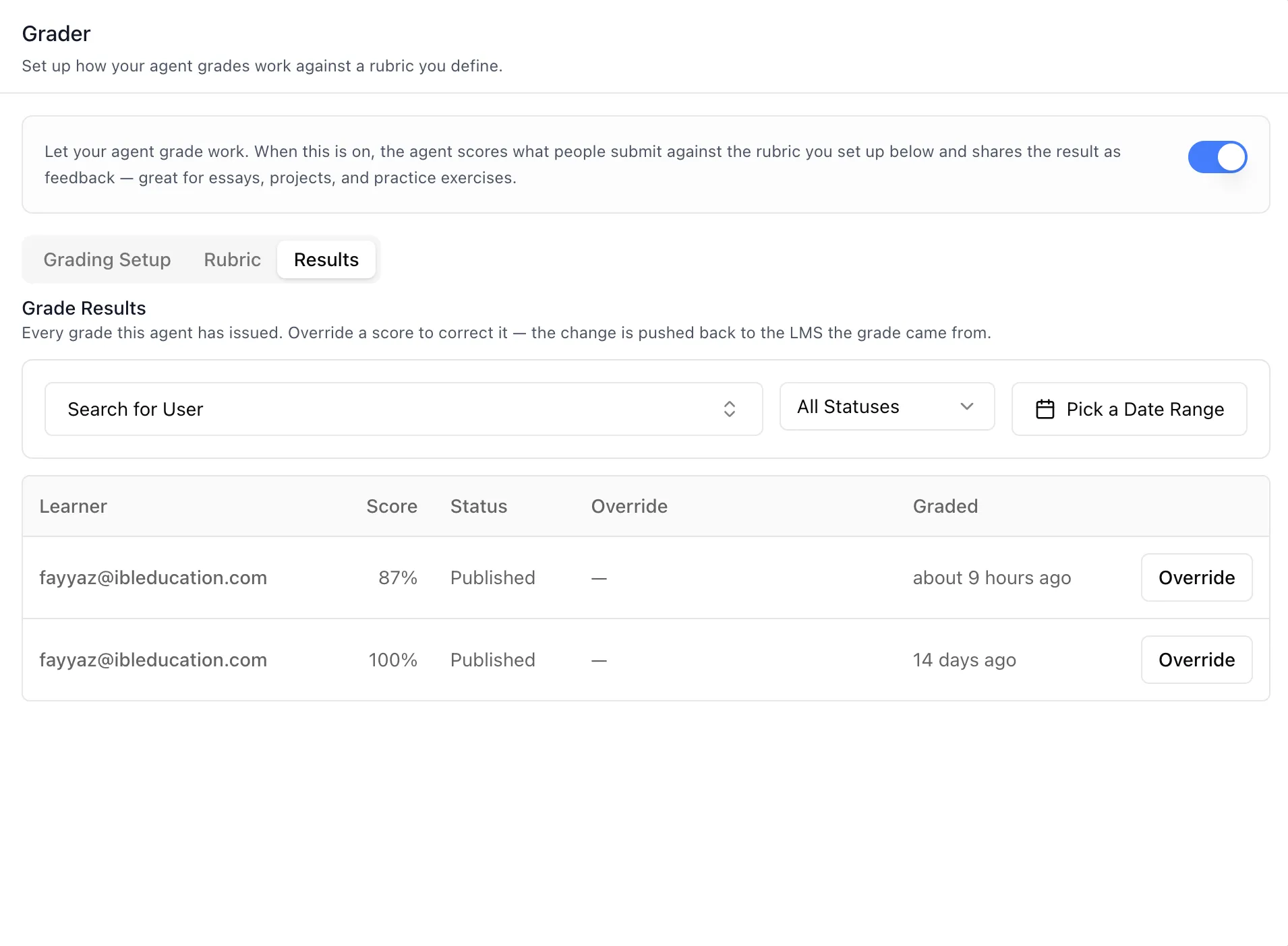 Results sub-tab showing the Grade Results heading, the learner search, status, and date-range filters, and a table of grades with Learner, Score, Status, Override, and Graded columns and a per-row Override button