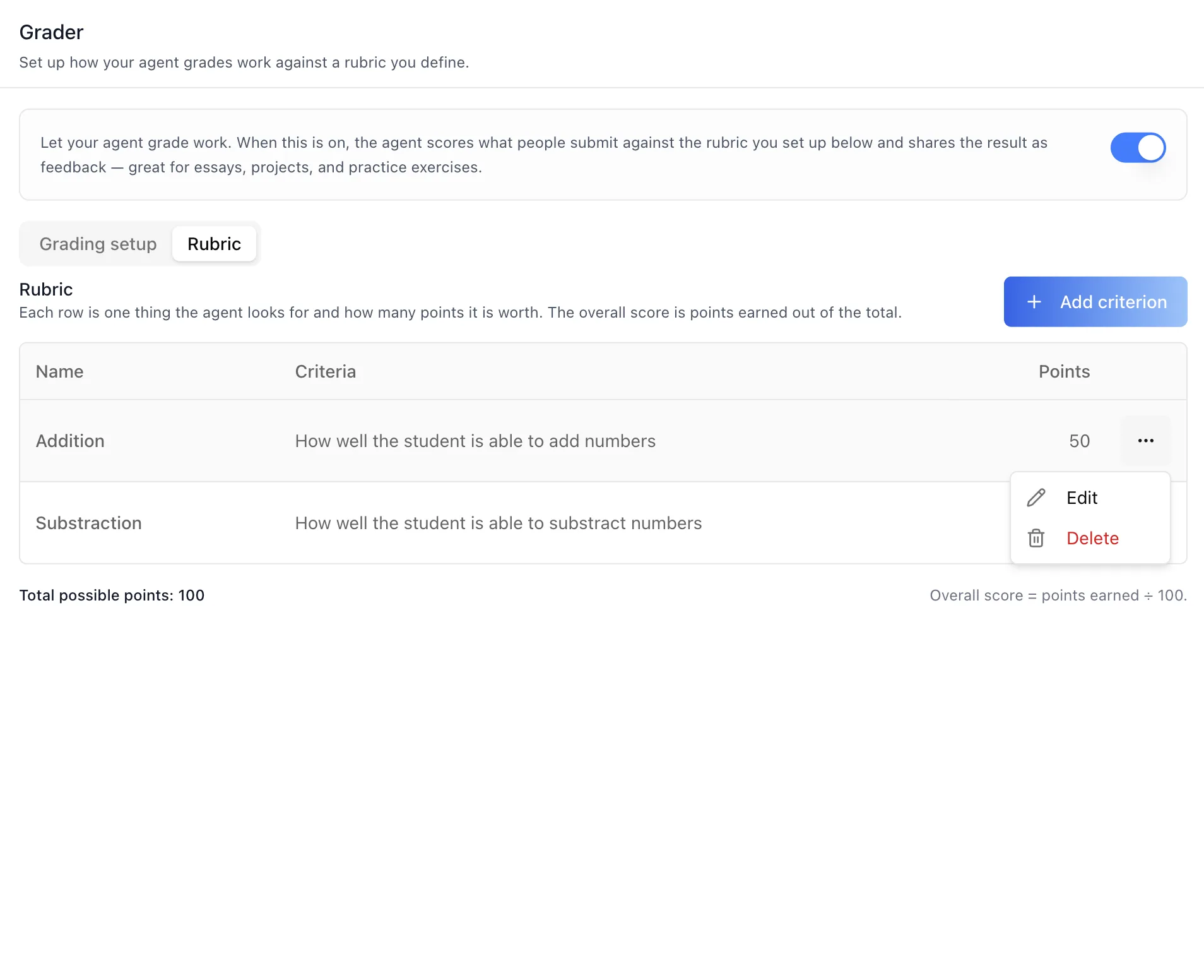 Per-row actions menu on a rubric criterion, offering Edit and Delete