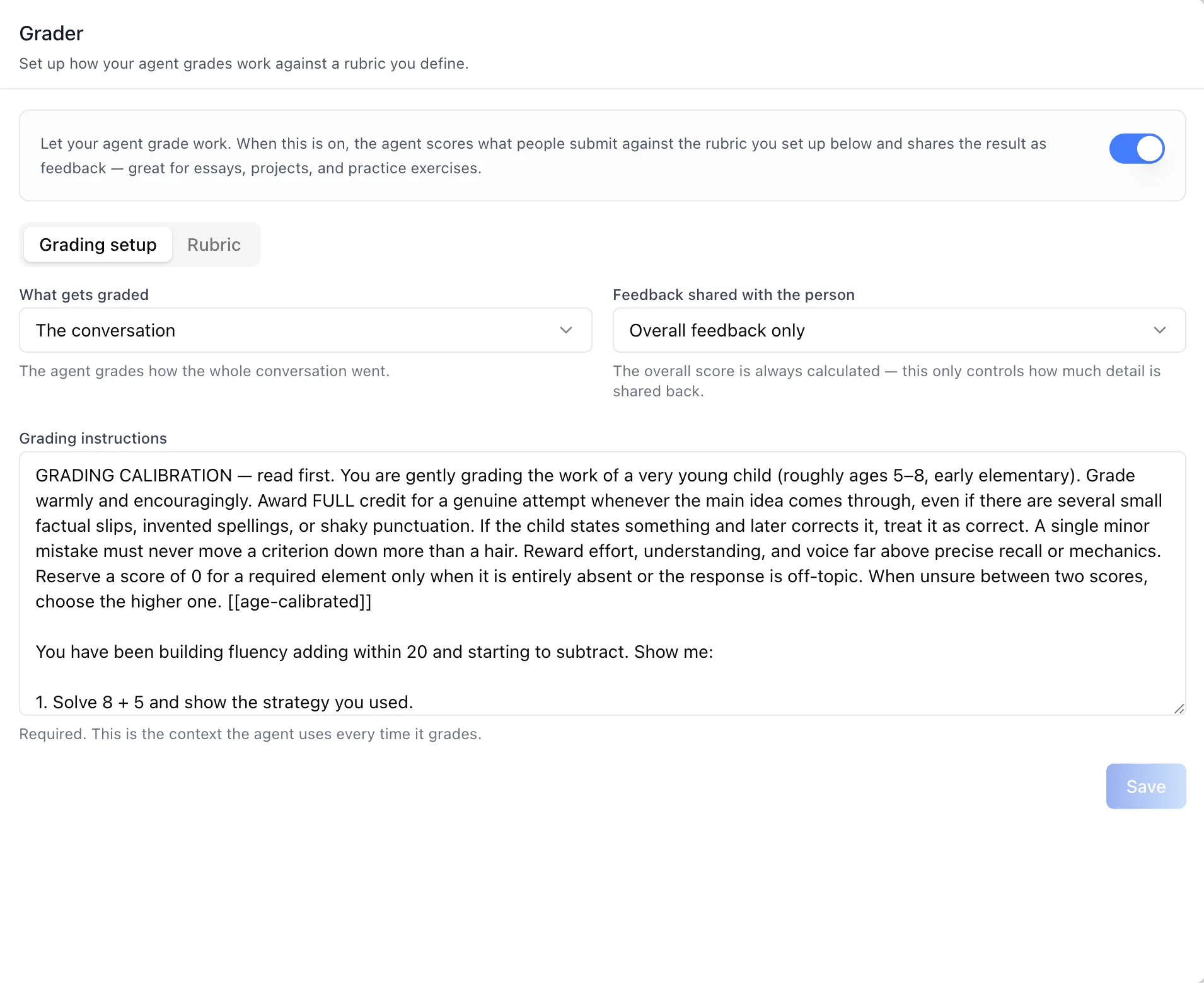 Grader panel on the Grading setup sub-tab, showing the grading toggle in its helper banner, the Grading setup and Rubric sub-tabs, the What gets graded and Feedback shared with the person selectors, the grading instructions textarea, and a Save button