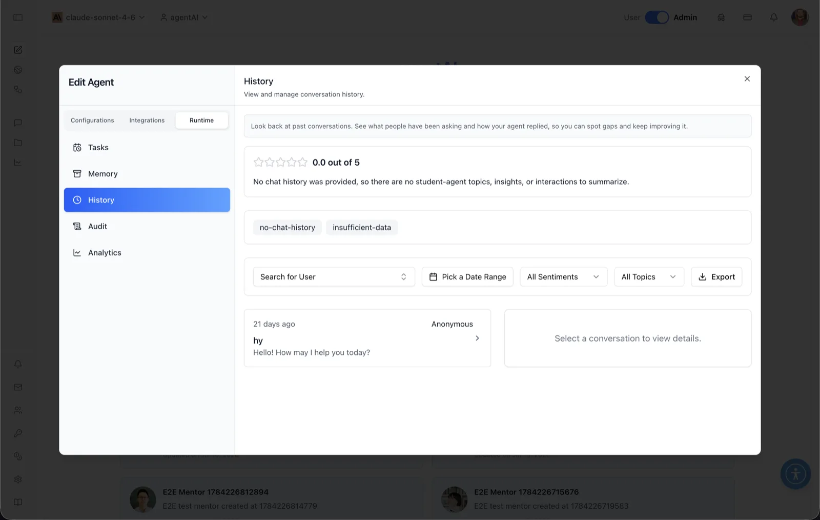 History panel in the Edit Agent modal showing a star rating summary, topic chips, filters for user, date range, sentiment and topic, an Export button, and a conversation list next to a detail pane