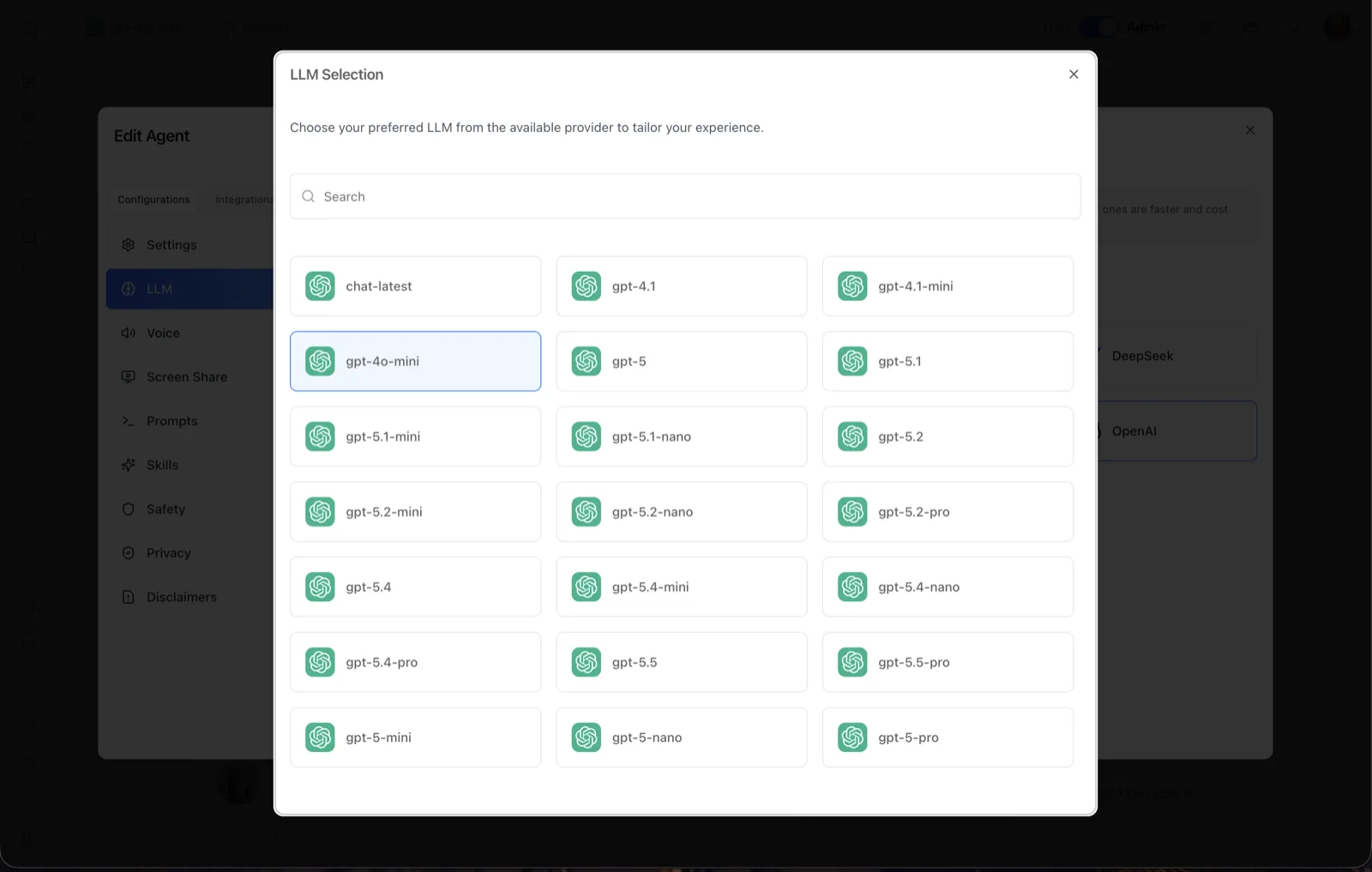 LLM Selection dialog listing OpenAI models such as chat-latest, gpt-4o-mini, gpt-5, and gpt-5.2-pro in a searchable grid, with gpt-4o-mini highlighted as selected