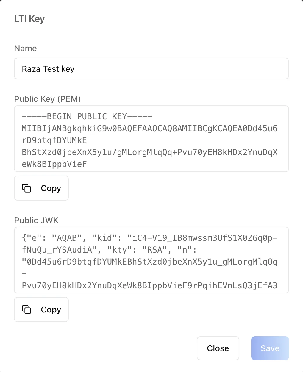 LTI key detail dialog showing the key name field, the full PEM-encoded public key, and the public JWK, each with a copy button