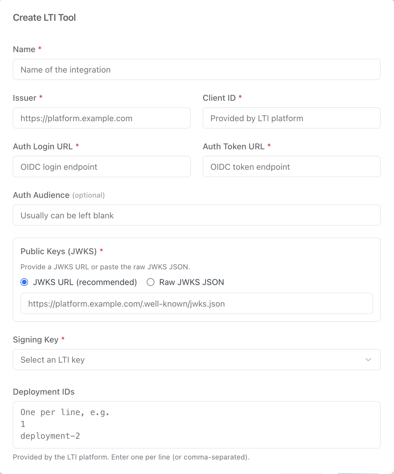 Create LTI Tool dialog with fields for the title, issuer, client ID, auth login and token URLs, auth audience, the JWKS key set, the signing key selector, and deployment IDs