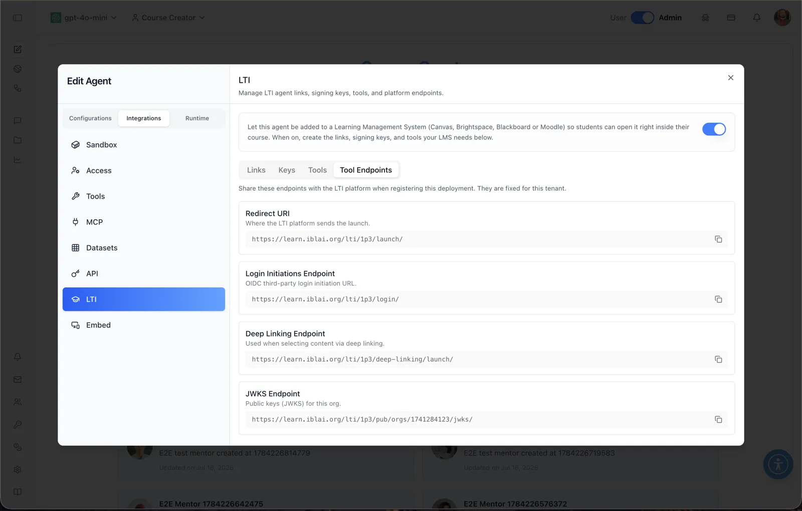 LTI panel in the Edit Agent modal on the Tool Endpoints sub-tab, listing four fixed endpoint cards — Redirect URI, Login Initiations Endpoint, Deep Linking Endpoint, and JWKS Endpoint — each with a URL and copy button